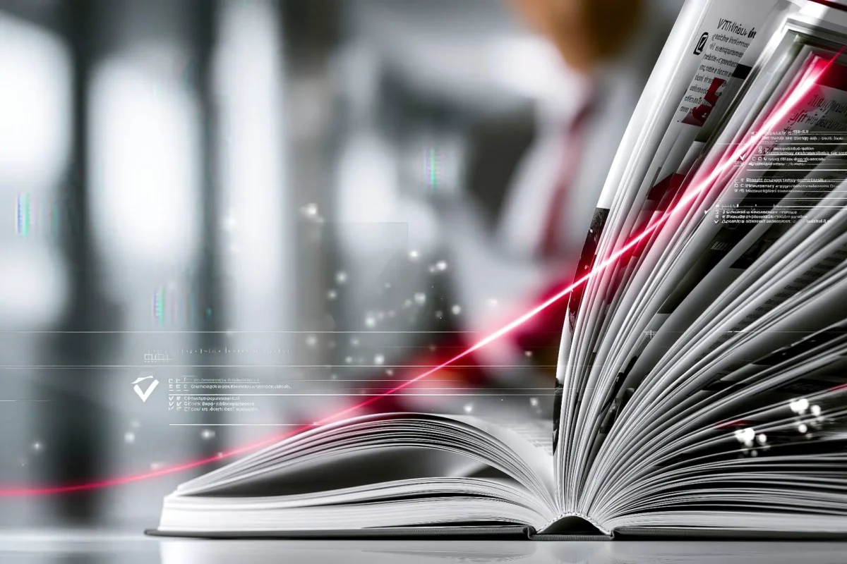 Immagine astratta in bianco e nero sulla policy di etica editoriale di Innovando Swiss, con documento aperto e dettaglio rosso.