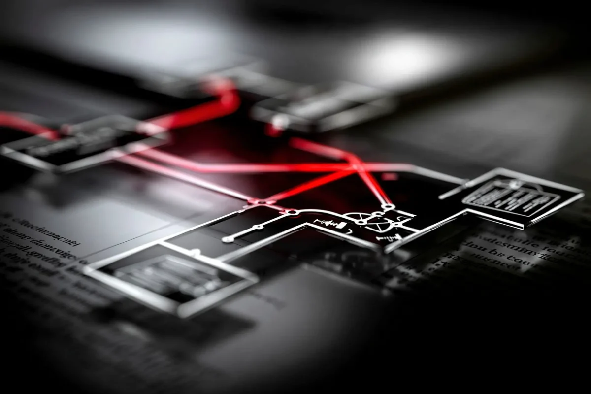 Immagine astratta in bianco e nero sulla proprietà e il finanziamento di Innovando, con struttura societaria trasparente e dettaglio rosso.