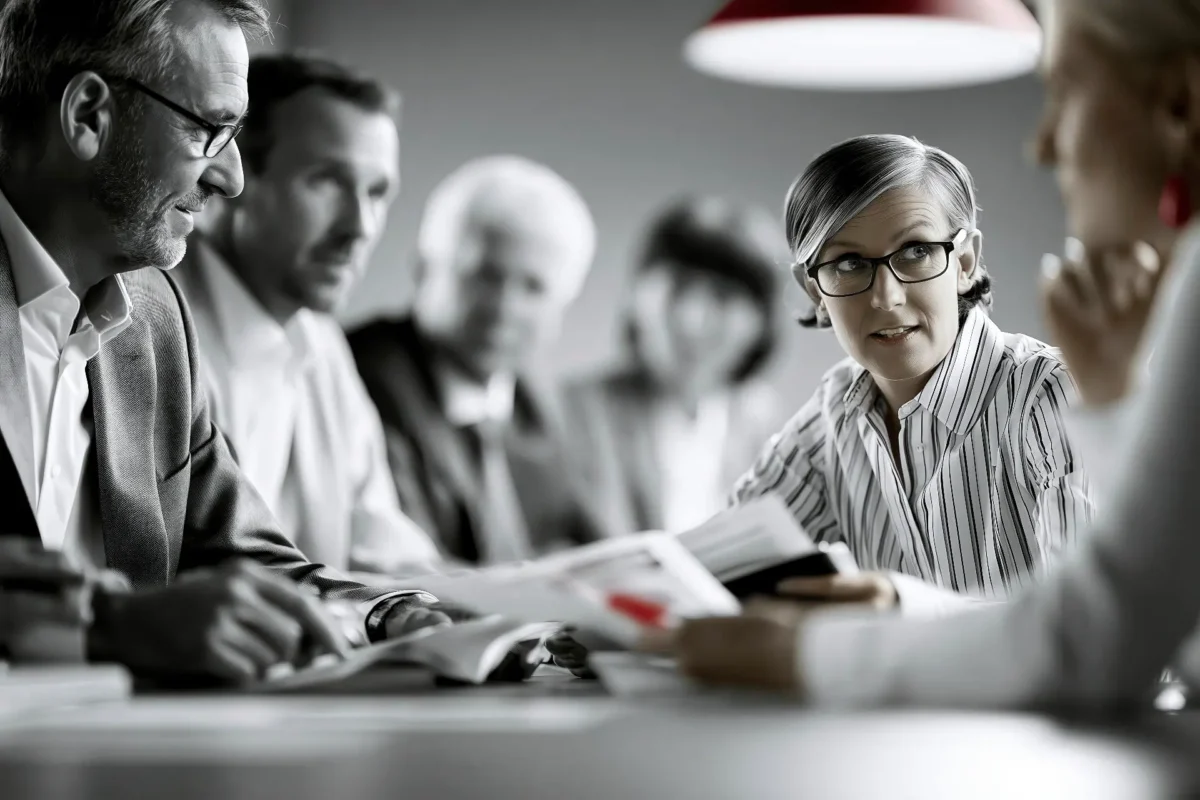 Riunione corporate in bianco e nero con persone diverse per età, genere e provenienza, documenti e dettaglio rosso Innovando.
