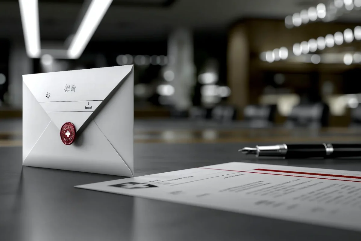Immagine editoriale in bianco e nero sul whistleblowing di Innovando Swiss, con busta riservata, documento e dettaglio rosso.