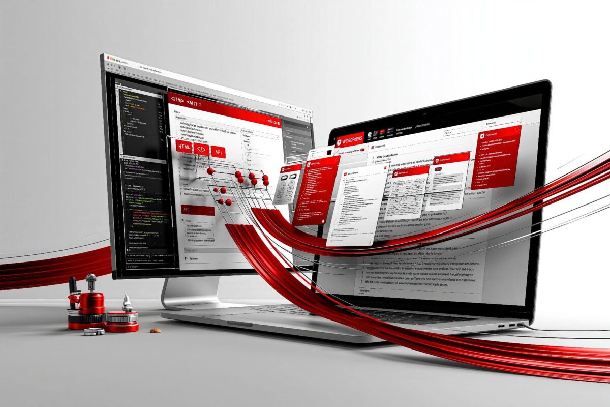 Minimal editorial illustration of a clean web development stack beyond WordPress themes and plugin overload.