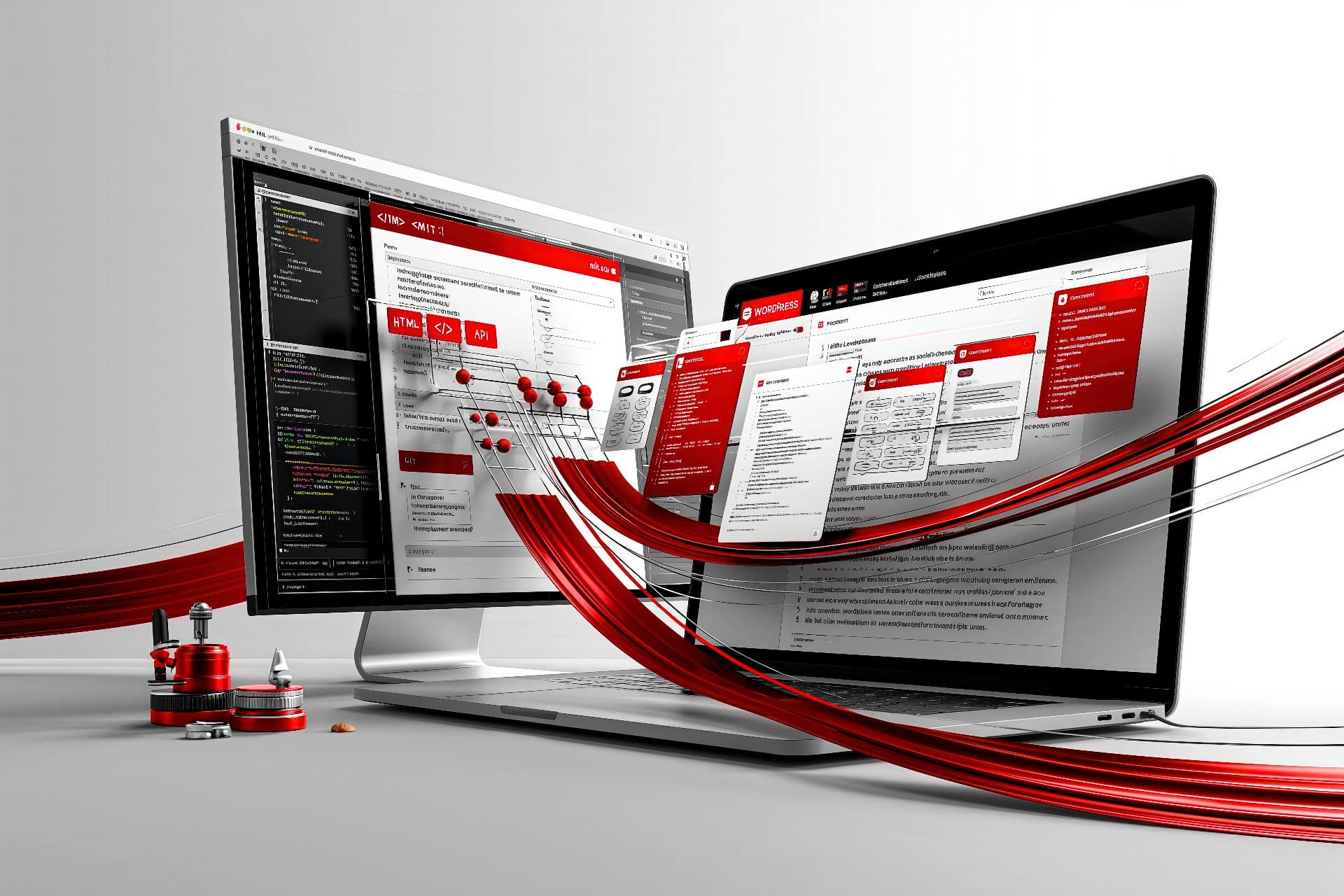 Minimal editorial illustration of a clean web development stack beyond WordPress themes and plugin overload.