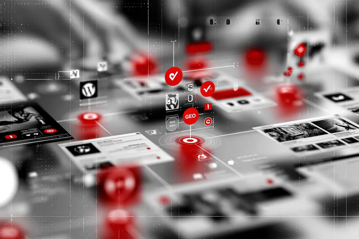 Abstract Innovando Insight interface showing SEO, GEO, metadata, content and red Innovando details.